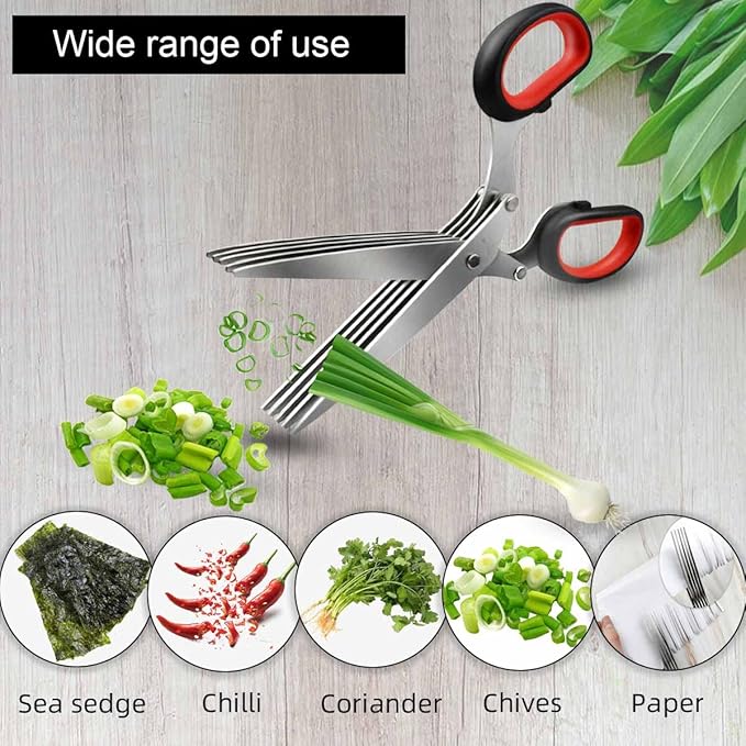 5 Blade Herb Scissors Kitchen Herb Shears Cutter Multipurpose Cutting Shear with 5 Stainless Steel Blades & Safety Cover & Cleaning Comb Salad Sizzors Cilantro Chive Parsley Onion Scissors (Black Red)