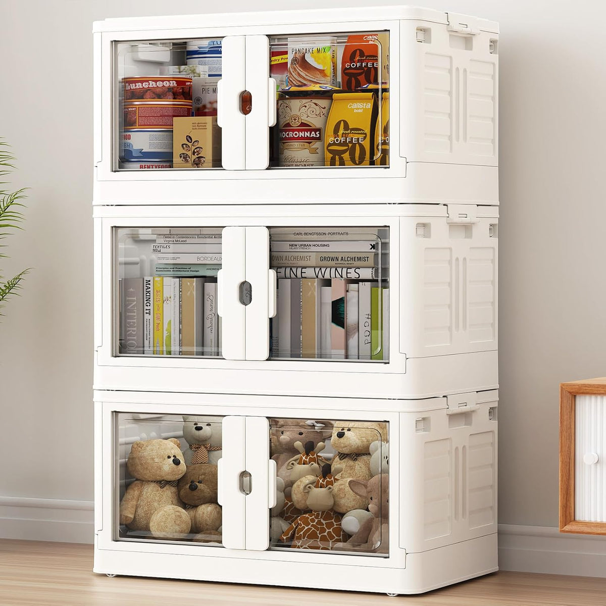 345Qt Stackable Storage Bins with Individual Lids & Wheels, Large Plastic Collapsible Latching Boxes Closet Organizers and Storage Cabinet Shelves Units for Home Kitchen Dorm, 3-Pack White