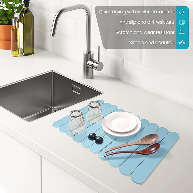 Extral Large Quick Dry Stone Drying Mat for Kitchen Counter,24"(L)x16"(W) Collapsible Eco-Friendly Absorbent Diatomaceous Earth Mat for Dishes Cups,Dish Drying Mats (Blue-Ellipse, 24x16 inch)
