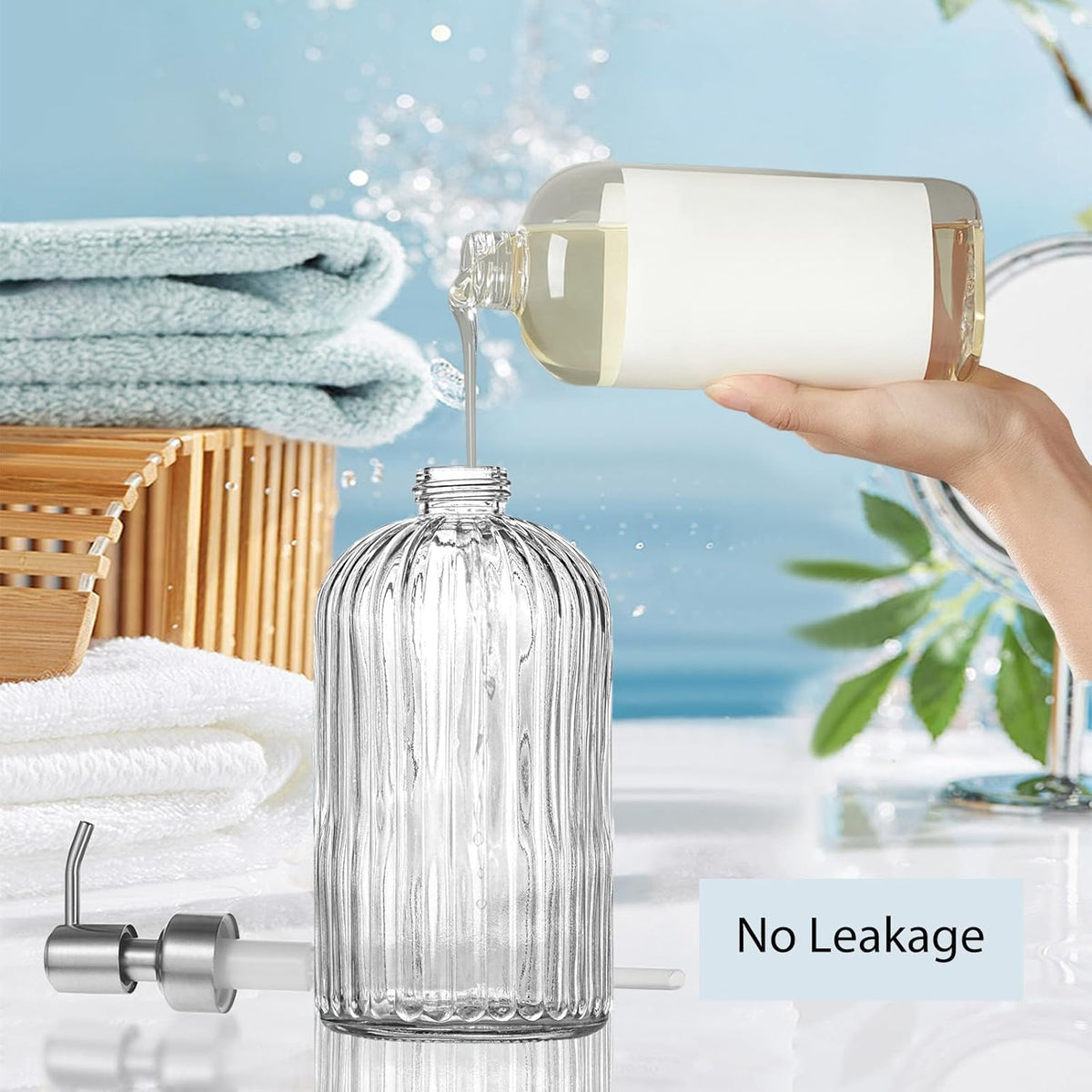 14Oz Clear Soap Dispenser Bathroom, Glass Hand Soap Dispensers with Stainless Steel Pump, Refillable Dish Soap Dispenser for Kitchen, Countertop Soap Dispensers