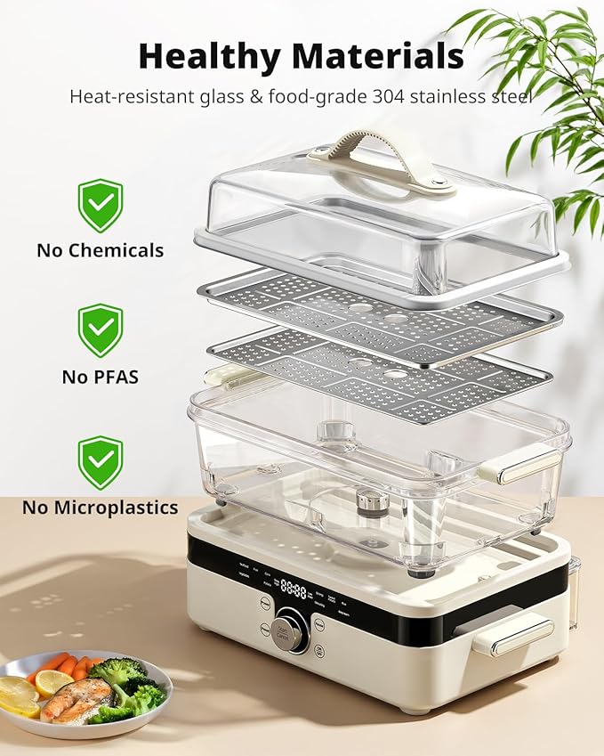 AIRMSEN Glass Food Steamer for Cooking - 8.5QT Vegetable Steamer with 2-Tier Stainless Steel Trays, 1200W Super Fast Heating for Veggies, Seafood & Rice, BPA-Free