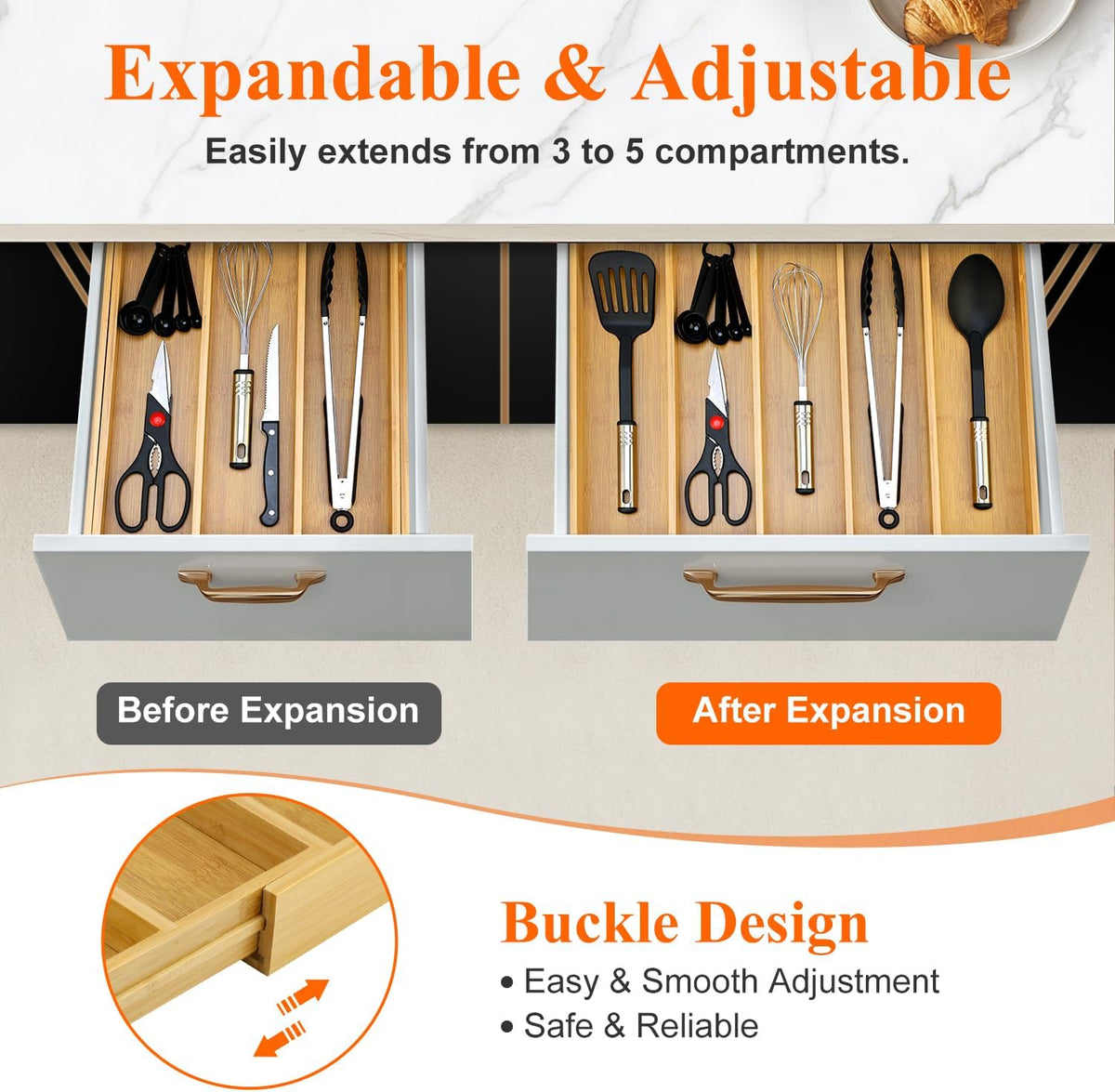 Expandable Silverware Drawer Organizer Storage Large Bamboo Kitchen Tool Utensil Organizers Divider Cutlery Tray Adjustable Flatware Drawer Organizer for Spoon Spatula Cooking Utensils Holder Tray