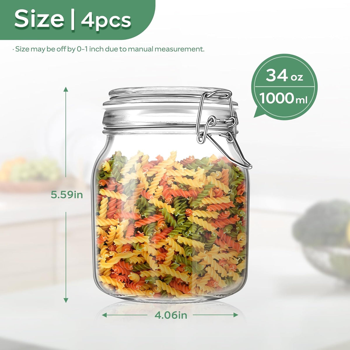 Glass Food Storage Jars with Airtight Lids 34 oz Square 4 Pack Kitchen Storage Containers Large Cabinet Canisters Sealed Pot Canning for Pasta, Cereal, Coffee, Beans, Spice