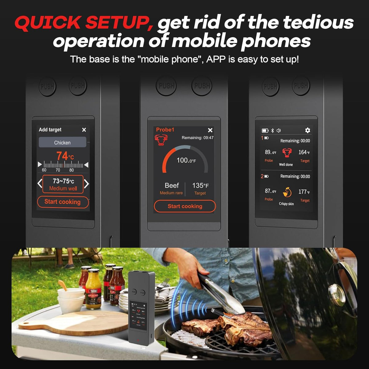 800FT Wireless Meat Thermometer Digital with 2 Upgraded Ultra-Thin Probe, Large Touchscreen, Kitchen Food Thermometer for Cooking Oven, Smoker, Rotisserie, BBQ(No App to Download)