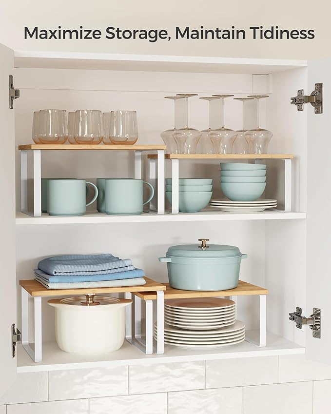 SONGMICS Cabinet Organizer Shelf, Set of 4 Kitchen Counter Shelves, Kitchen Storage, Spice Rack, Stackable, Expandable, Metal and Engineered Wood, Cloud White and Natural Beige UKCS010N01