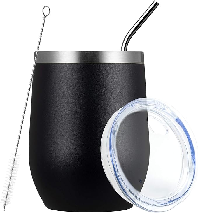 MEWAY Stemless 12oz Wine Tumbler Glasses with Lid -Insulated Double Wall Vacuum Stainless Steel Travel Tumbler with Straw,for Woman Under 10 dollars(Black,1)