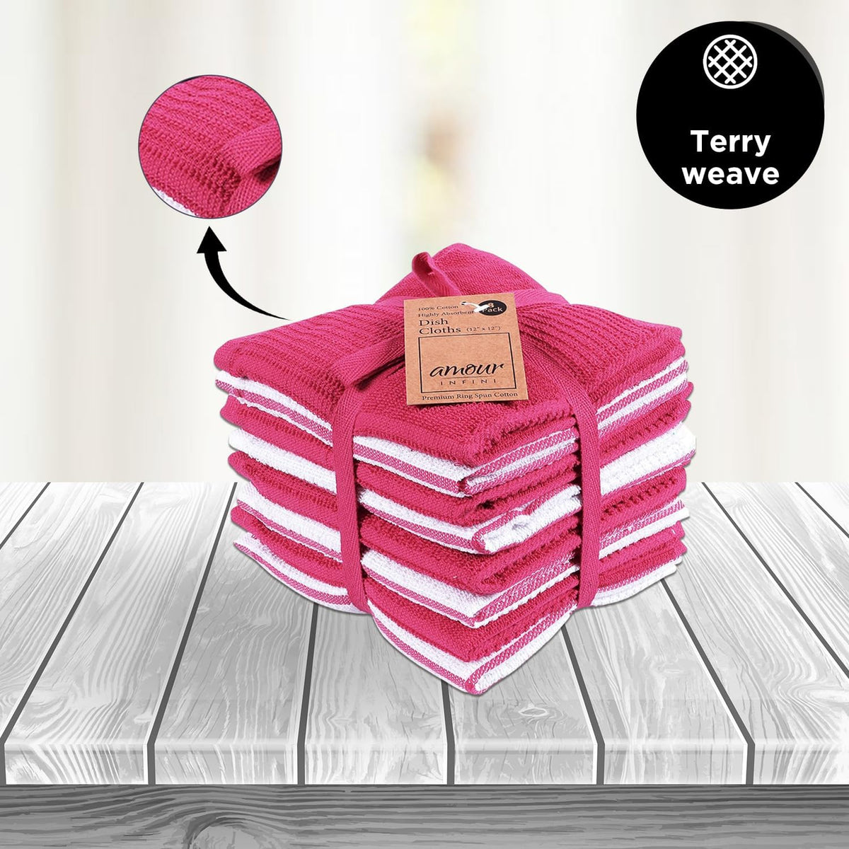 AMOUR INFINI Dish Cloths for Washing Dishes Set of 8 - Highly Absorbent, Super Soft Kitchen Dishcloths - Reusable Quick Dry Dish Rags for Cleaning & Drying Kitchen Linens (12x12 Inch - Pink)