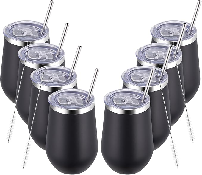 MEWAY 12oz Insulated Wine Tumbler with Press-In Lid, Double Wall Vacuum Stainless Steel Travel Tumbler with Straw,Travel Cup for Coffee and Drinks, Gift for Woman Under 10 dollars(Black,Set of 8)
