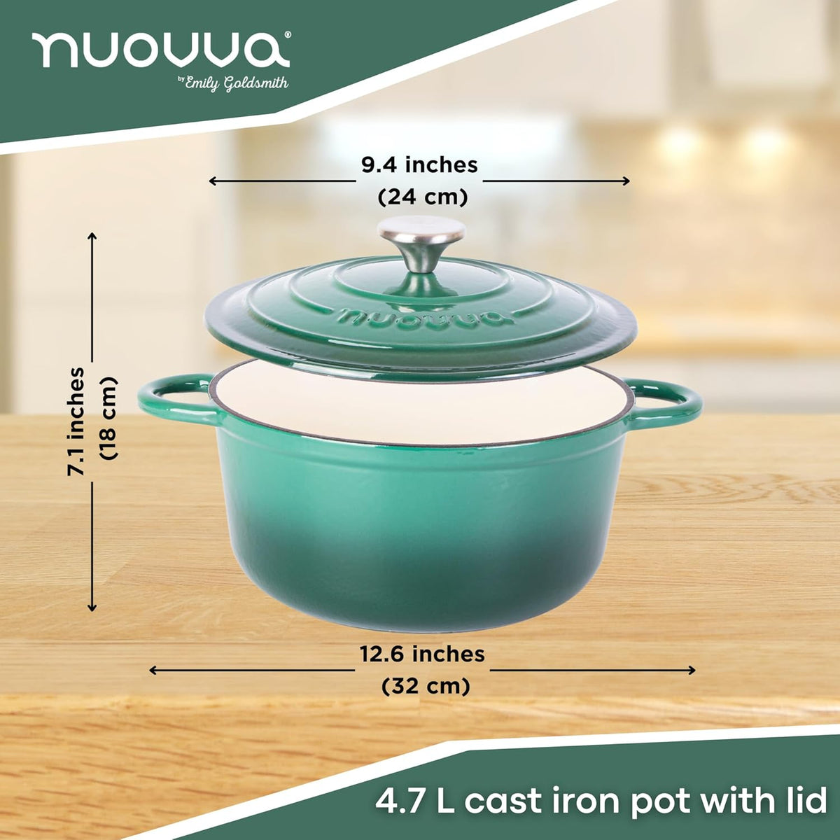 Cast Iron Dutch Oven with Lid – Non-Stick Ovenproof Enamelled Casserole Pot – Sturdy Dutch Oven Cookware – Dark Green, 5-Quart, 24cm – by Nuovva