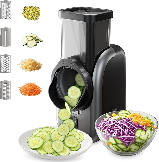 Electric Vegetable Slicer and Cheese Grater, Multifunctional Rotary Cutter with 4 Stainless Steel Blades for Potatoes Carrots Cucumbers Fruits Salad etc.