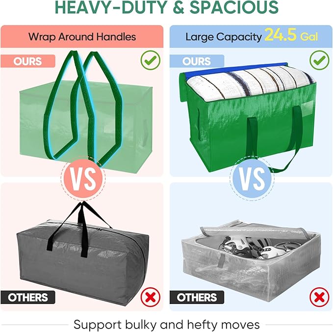 BALEINE 4-Pack Oversized Moving Bags with Reinforced Handles, Heavy-Duty Storage Tote for Clothes, Moving Supplies (Light Green, 4-Pack)