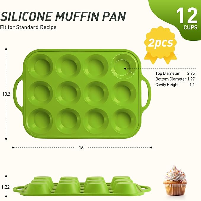 2 Packs 12 Cups Silicone Muffin Pan with Metal Reinforced Frame Regular Size Cupcake Pan Tray Egg Bites Silicone Circle Cookie Molds Muffin Tin Tart Pans Baking Sheet Set for Breakfast Sandwiches