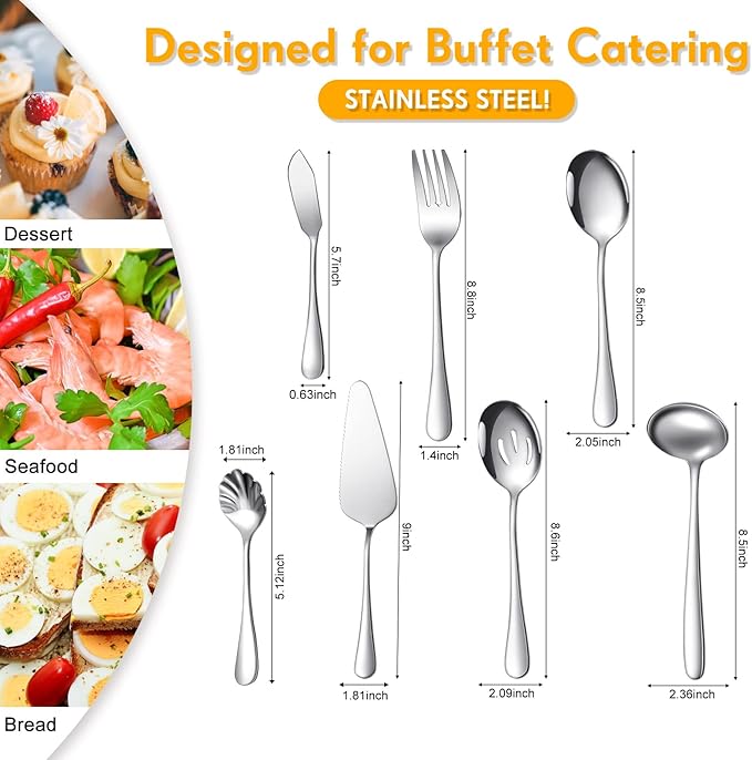 Patelai Serving Utensils Set Include Stainless Steel Large Spoons Slotted Spoons Forks Tongs Soup Ladle and Pie Server for Parties Buffet Catering, Dishwasher Safe(Silver,7 Pieces)