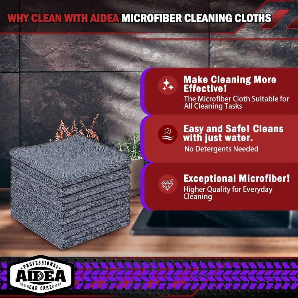 AIDEA Microfiber Cleaning Cloth Grey 50PK, Microfiber Towels for Cars, Premium Car Cloths, Dusting Cloth Lint Free Cleaning Rags for SUVs, House, Kitchen, Window, Workshops,12×12"