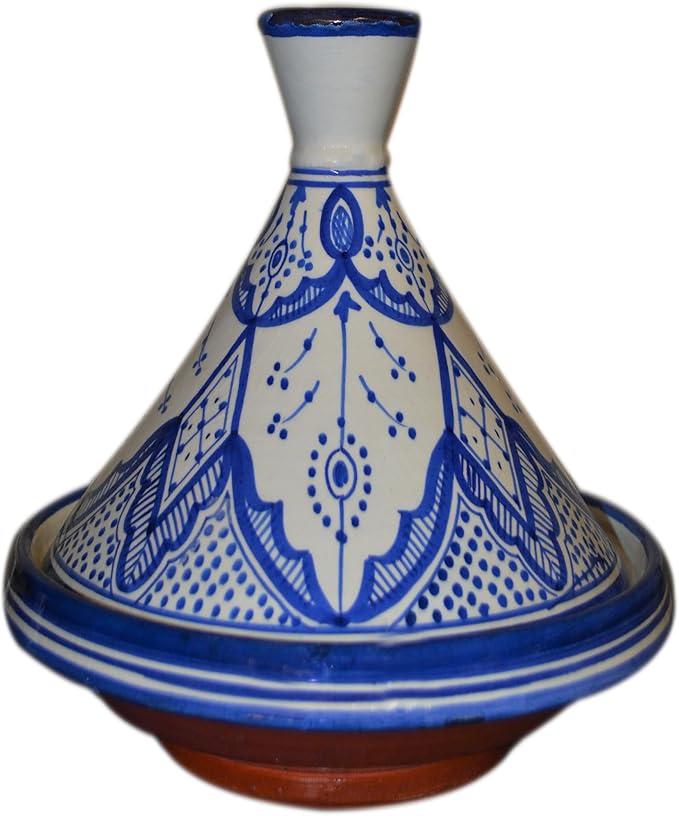 Moroccan Handmade Serving Tagine Exquisite Ceramic With Vivid colors Original 8 inches in Diameter Fes White & Blue