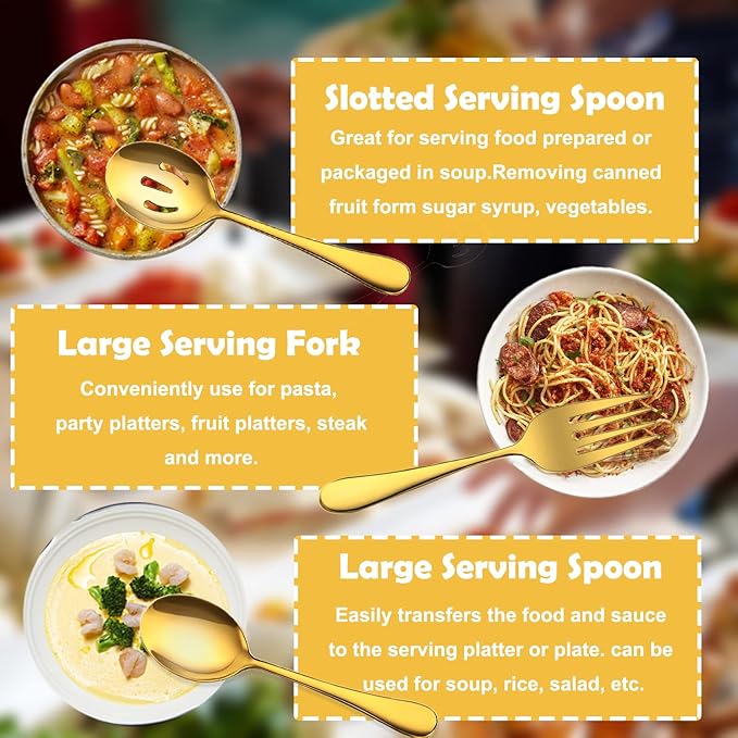 11 PCS Serving Utensils, Large Stainless Steel Spoons Forks Tongs, Pie Server, Great for Hostess Buffet Catering Banquet Party, Gold
