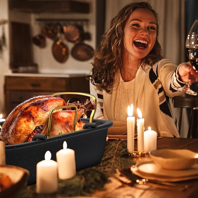Roasting Pan, 17 Inch x 13 Inch Roaster with Removable Rack, Nonstick Roaster Pan for Roasting Turkey, Meat & Vegetables (Gold)