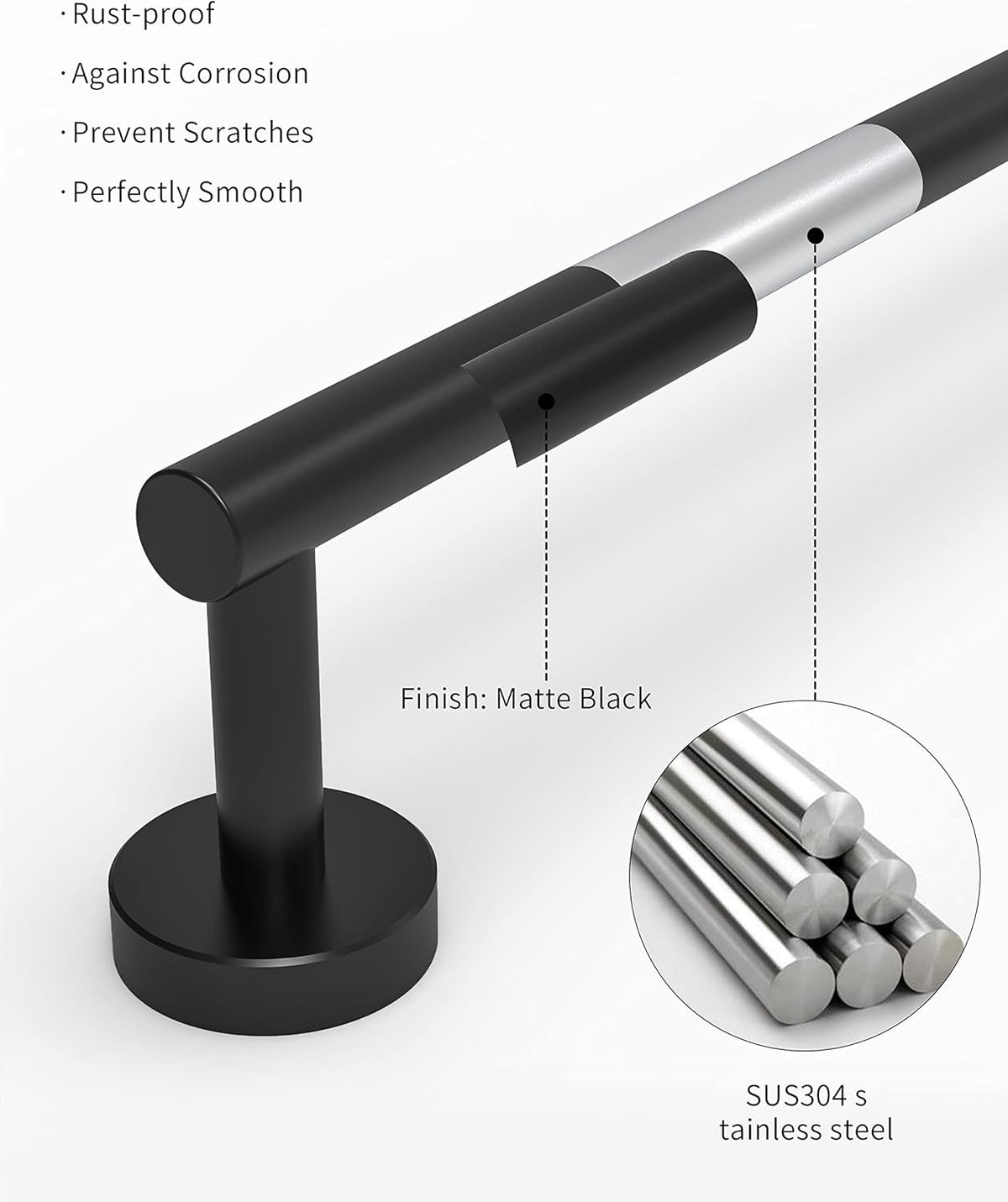 22 Inch Matte Black Towel Bar Towel Rack for Bathroom Kitchen Hand Towel Holder Dish Cloths Hanger SUS304 Stainless Steel RUSTPROOF Wall Mount Total Length 24 Inch (Matte Black)