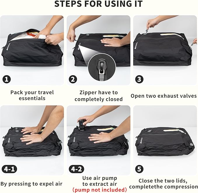 Vacuum Bag for Travel, Professional IPX8 Waterproof Reusable Vacuum Compression Bags for Travel Suitcases, Durable Space Saver Bag(3 PACK,With Pump)