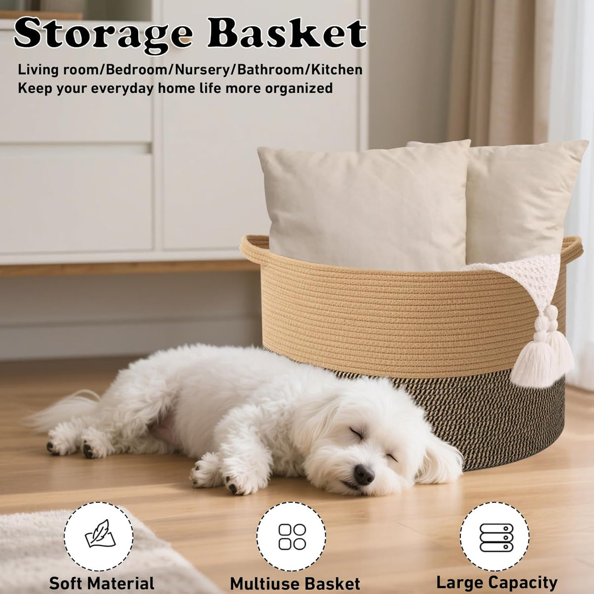 Large Blanket Basket for Organizing,115L Closet Organizers and Storage Bins Box for Shelves Woven Rope Storage Baskets,Living Room,Bedroom,Dorm,Laundry room (Jute&Black)