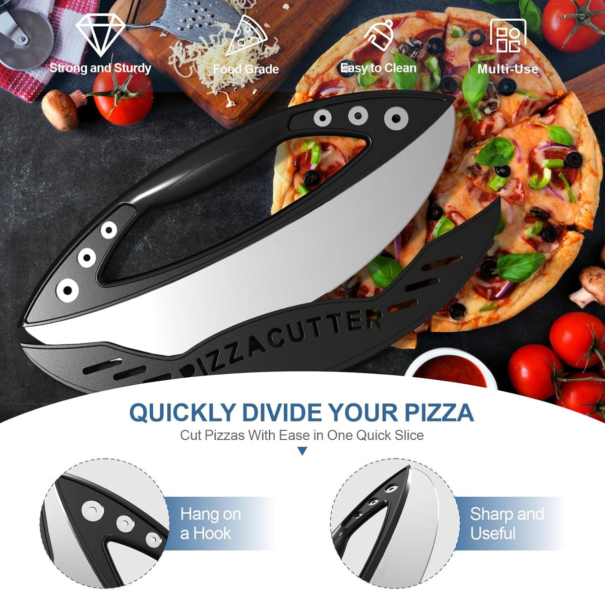 AILUROPODA 12-Inch Pizza Rocker Blade Cutter, Stainless Steel with Protective Cover, Silver