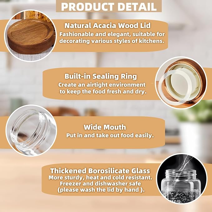 Set of 2 Glass Food Storage Jars, Premium Clear Glass Container Jar with Airtight Wooden Screw Lid, Kitchen Canisters for Coffee,Tea,Pasta,Cookies, Nuts,Spice,Candy,Overnight Oatmeal