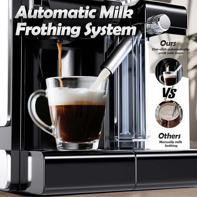 PULZO Espresso Machine with Integrated Automatic Milk Frother, capsule coffee maker for K*cup capsule/Ne*s Original/coffee powder, One Touch Latte & Cappuccino