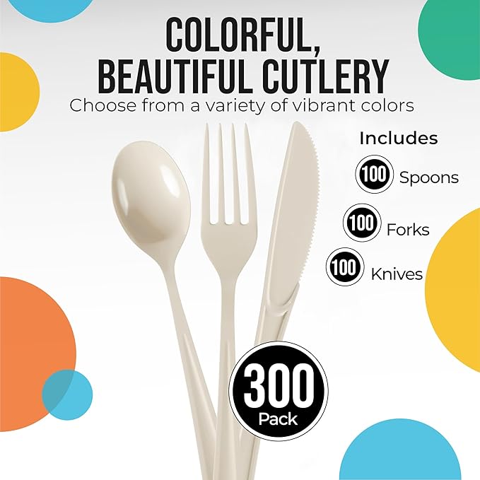 Party Solids Ivory Plastic Silverware Heavy Duty 300 Pieces Ivory Plastic Cutlery Sets, Utensil Sets, 100 Of Each Forks, Knives & Spoons Disposable Cutlery Set, Flatware Set For Party Supplies