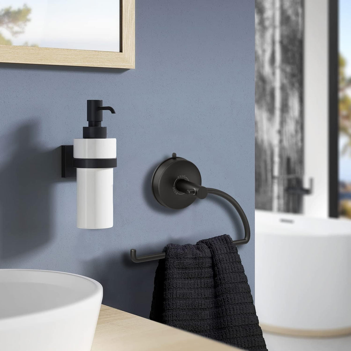 DGYB Suction Cup Hand Towel Ring Black Hand Towel Holder for Bathroom Wall SUS 304 Stainless Steel Kitchen Towel Hanger