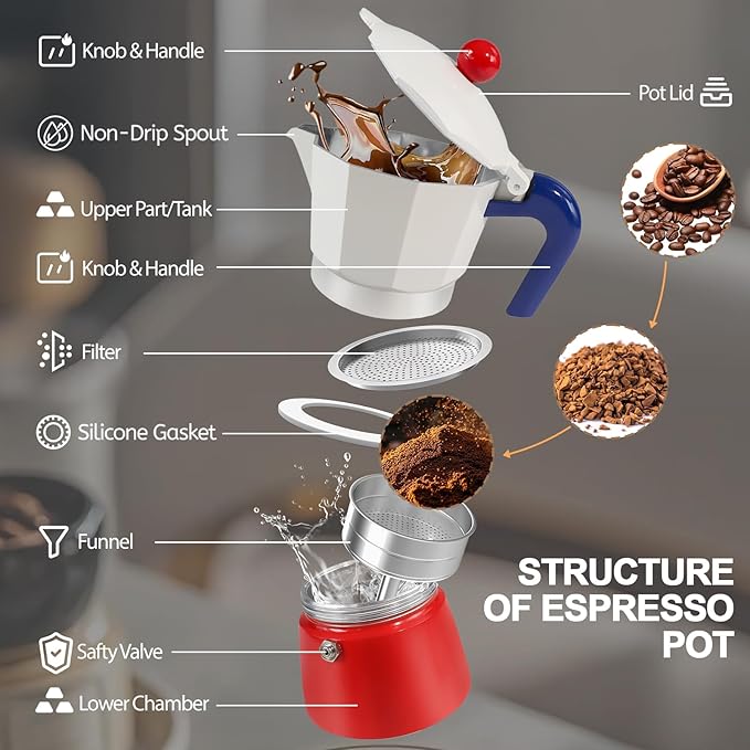 Aluminum 6 Cup 300ml Moka Pot Express Coffee Maker Stovetop Espresso Colorful Coffeemaker Italian Classic Style Brewing Greca Cafe Mocha Machine for Cafeteras Lover Camping Travel and Home Use 10oz