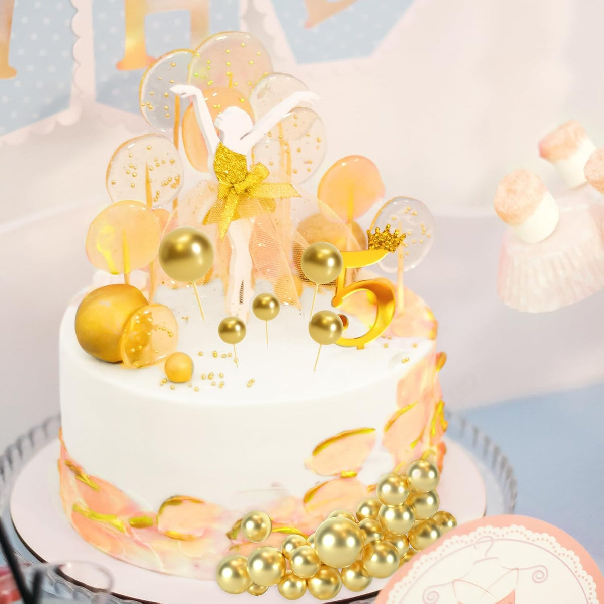 48 Pcs Gold Balls Cake Topper Decorations Balloon Cupcake Toppers Foam Cake Topper Balls Cake Balls Decorations for Birthday Party Wedding Anniversary Cake Decorating