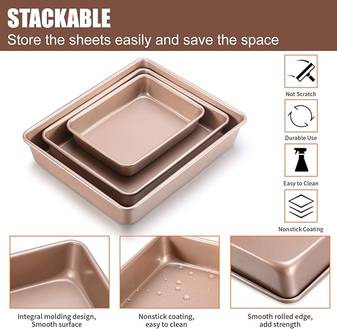Deep Baking Pans Set Nonstick,Rectangle Cake Pan,Stackable Bakeware Set of 3,Oven Trays for Baking,Gold(9''/11''/13'')