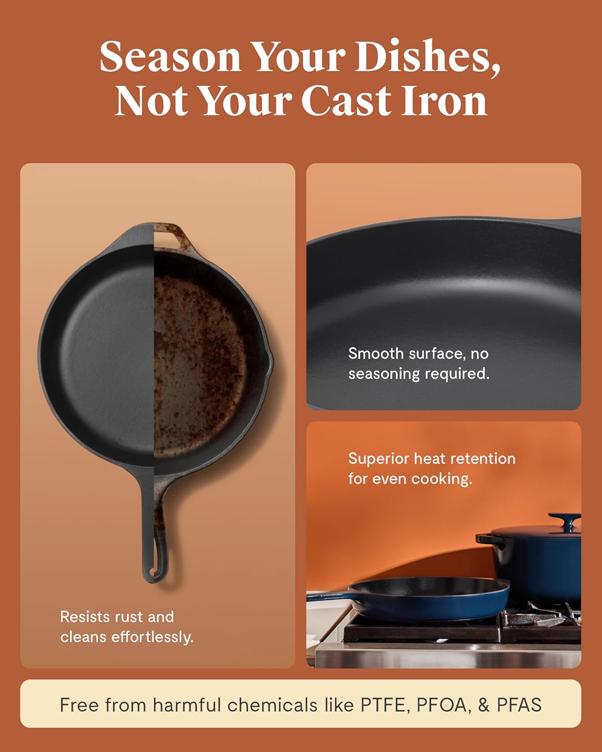 Caraway Cast Iron Skillet - 12” Enameled Cast Iron Pan With 3 Layer Enamel Coating - No Seasoning Required - Compatible With All Stovetops - Free From Forever Chemicals - Charcoal