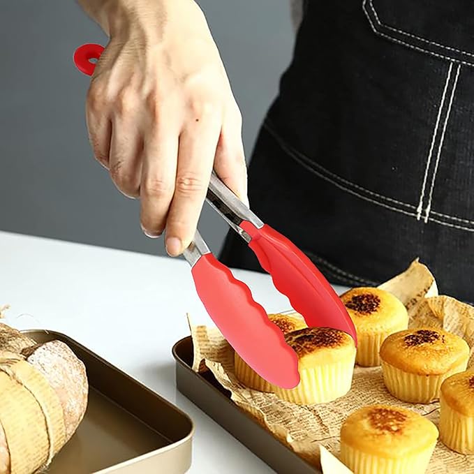 7-Inch Mini Silicone Tongs Small Serving Tongs for Appetizers, Set of 3 (Red)
