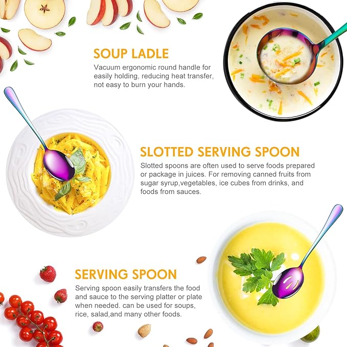 Patelai Serving Utensils Set Include Stainless Steel Large Spoons Slotted Spoons Forks Tongs Soup Ladle and Pie Server for Parties Buffet Catering, Dishwasher Safe(Rainbow,10 Pieces)