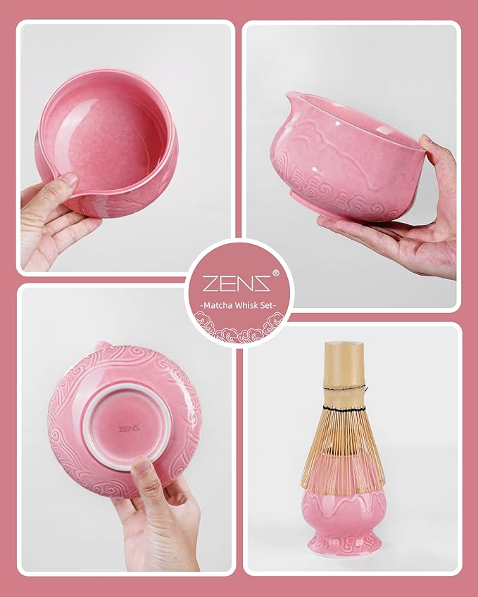 ZENS Matcha Whisk Set, 6pcs Matcha Set Pink Includes 15oz Ceramic Bowl and Bamboo Whisk (Chasen Holder) Scoop, 304 Sifter & Pink Tea Mat, Japanesse Matcha Kit for Matcha Latte-Making