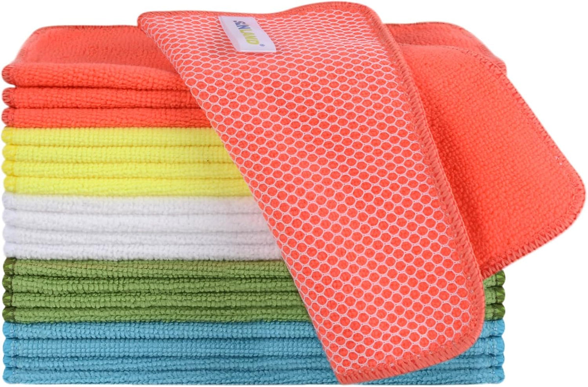 SINLAND Microfiber Dish Cloth for Washing Dishes Dish Rags Best Kitchen Washcloth Cleaning Cloths with Poly Scour Side 5 Color Assorted 7.87inchx7.87inch 20pack