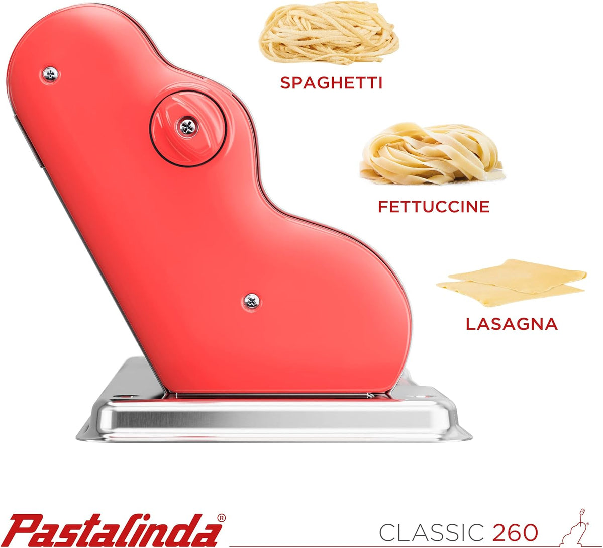 PASTALINDA Classic 260 Pasta Maker Machine, 26 cm Wide Rollers, 9 Thickness Positions, 2 Cutting Positions, Stainless Steel. Includes Reinforced Hand Crank And Two Clamps (Coral)