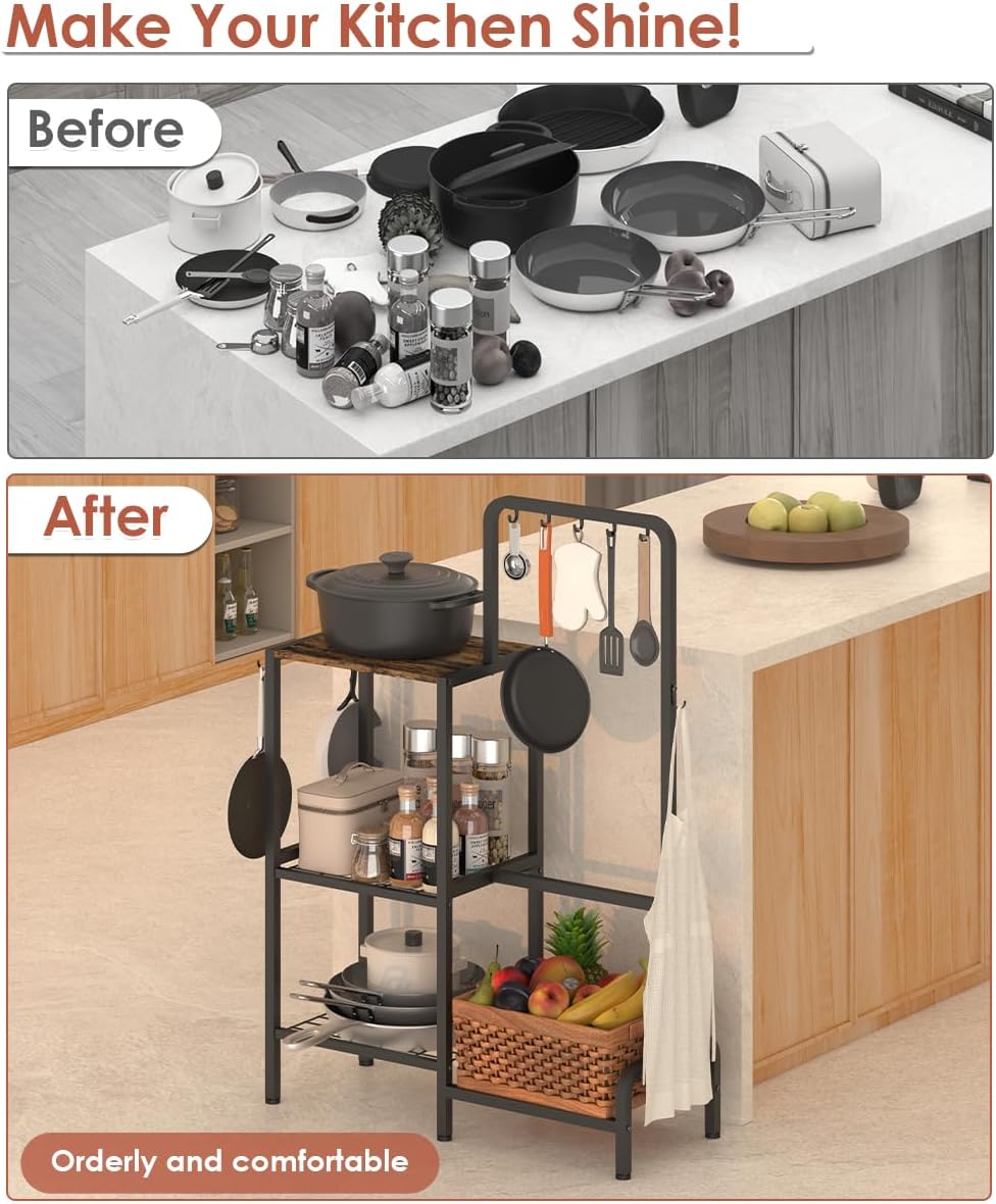 Mocomax 3-Tier Pot and Pan Organizer Rack, Free Standing Cookware Storage Stand, Multifunctional Metal Corner Shelf Holds 50LB, Pan Pot Lid Tower Holder with 8 Hooks for Kitchen Pantry and Home, Black