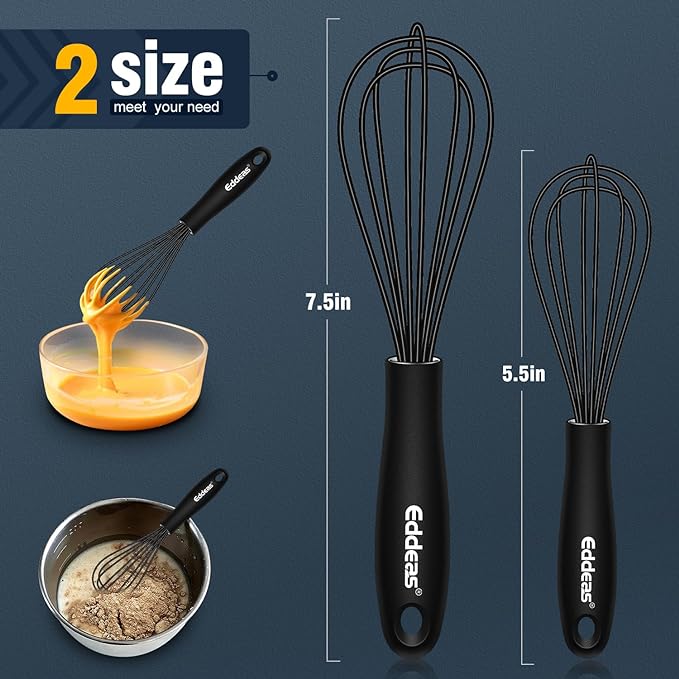 Silicone Mini Whisk, Small whisks Non-Stick Tiny Whisks set of 2（5.5in & 7.5in）-Heat Resistant (450°F) Whisks, Balloon Egg Beater Perfect for Whisking, Beating, Mixing, Blending, Black