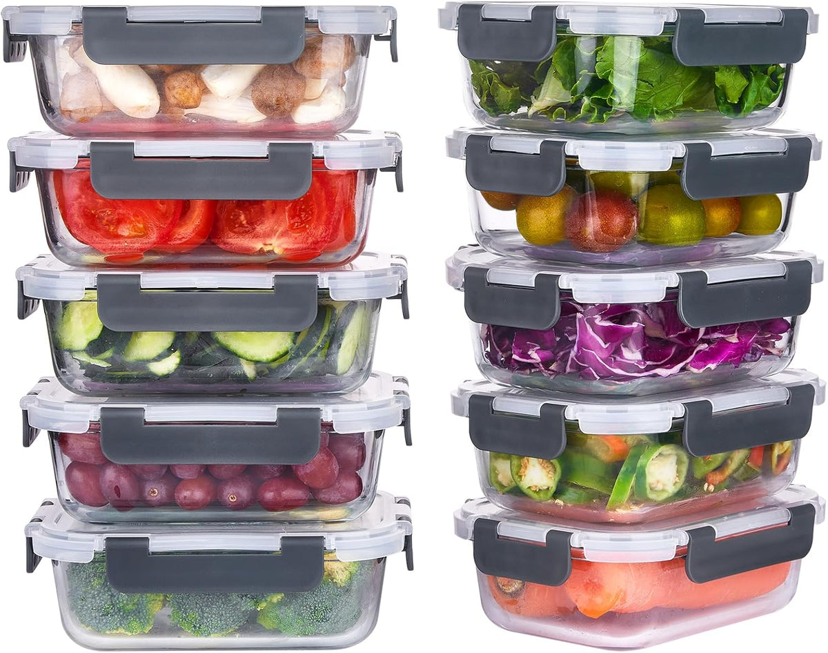 Lemon Sandy 10 Pack 22 oz Glass Meal Prep Containers, Glass Food Storage Containers with Lids, Reusable Airtight Leakproof Lunch Bento Boxes Freezer, Microwave Oven and Dishwasher, Gray