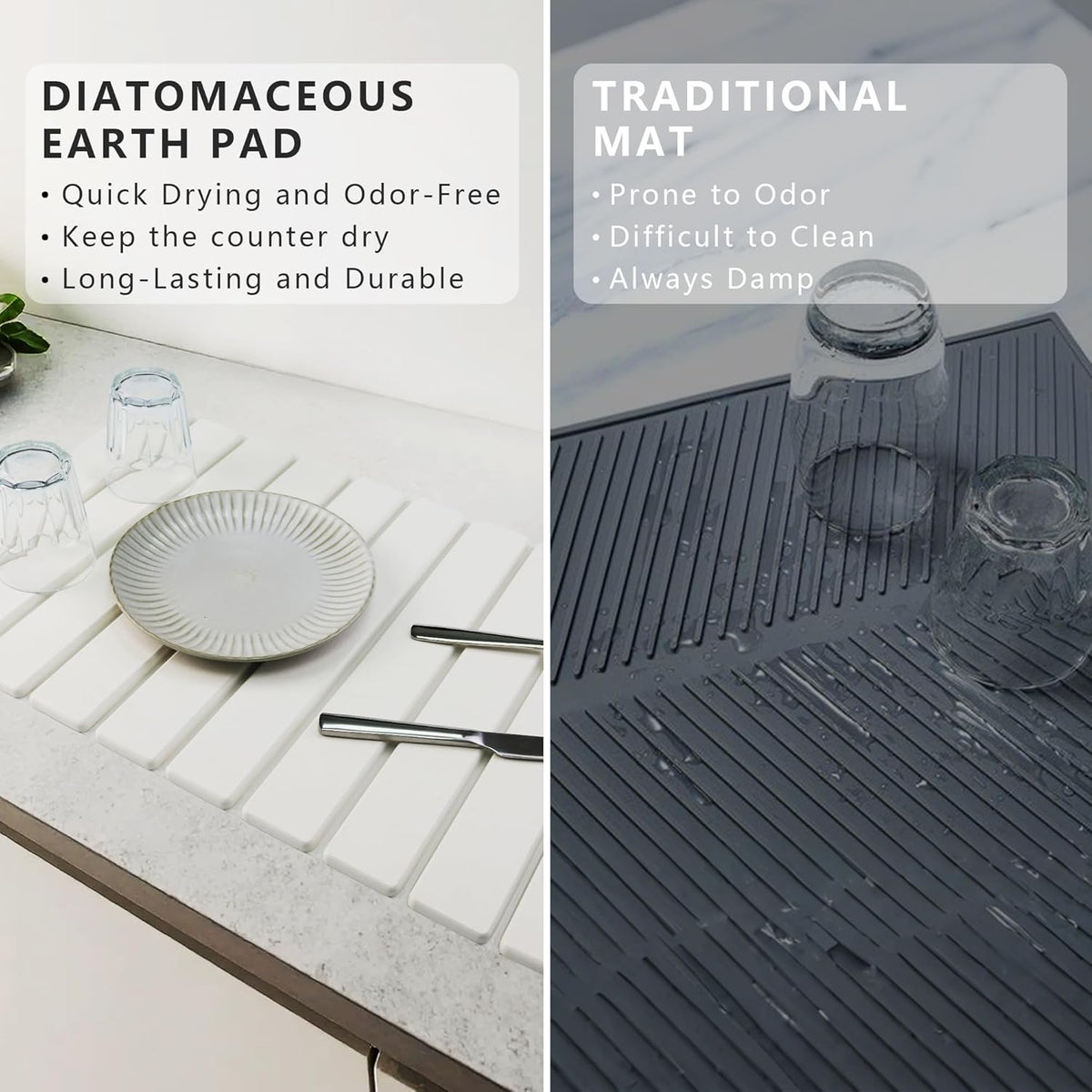 Large Stone Drying Mat for Kitchen Counter Diatomaceous Earth Collapsible 24”（L）*16”（W）Super Heat Resistant Mats, Quick Absorbent Dish Drying Rack（Gray marble）
