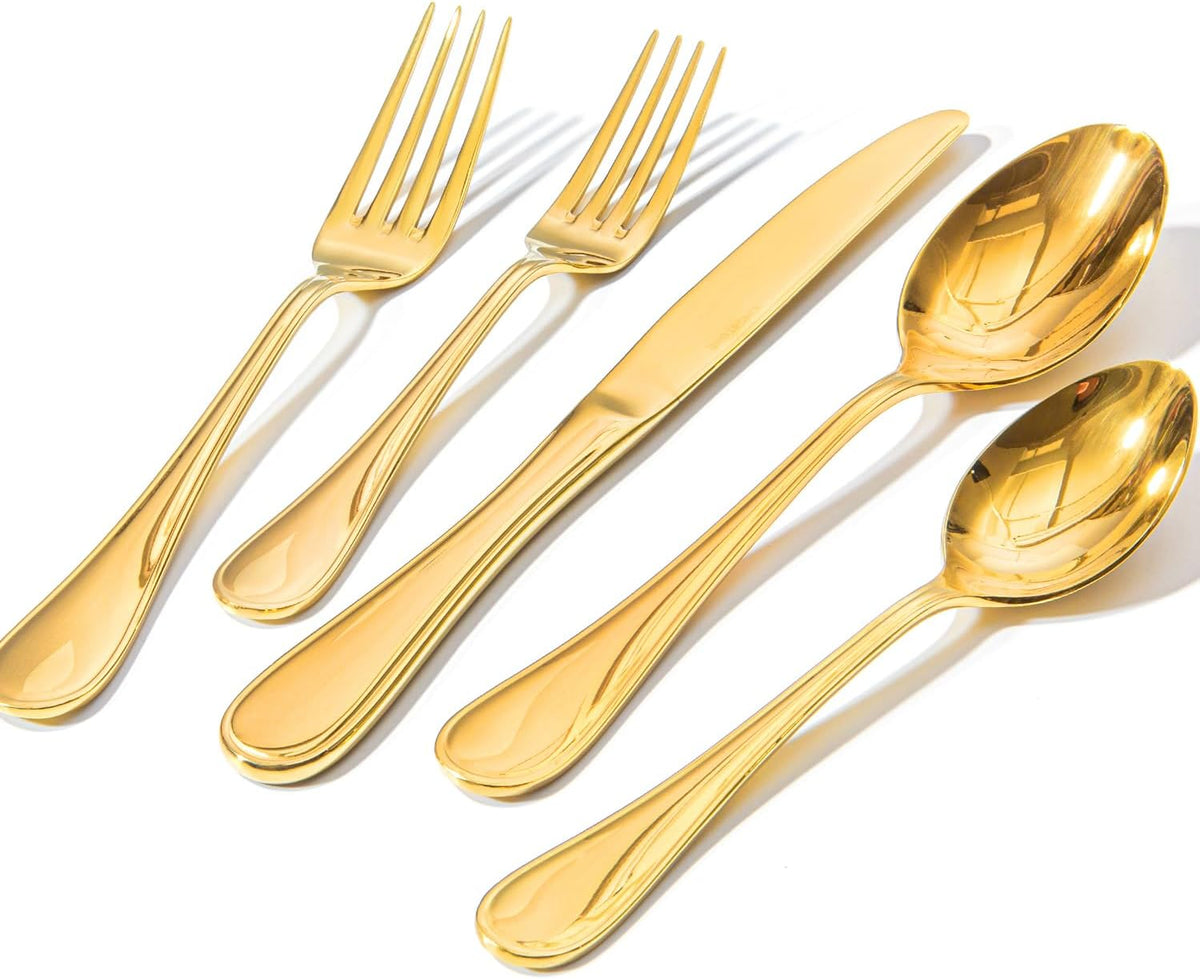 KINGSTONE 20 Piece Teardrop Silverware Set for 4, 18/10 Stainless Steel Flatware Set, Modern Design Cutlery Set for Home/Hotel/Wedding,Mirror Polished and Dishwasher Safe, Gold