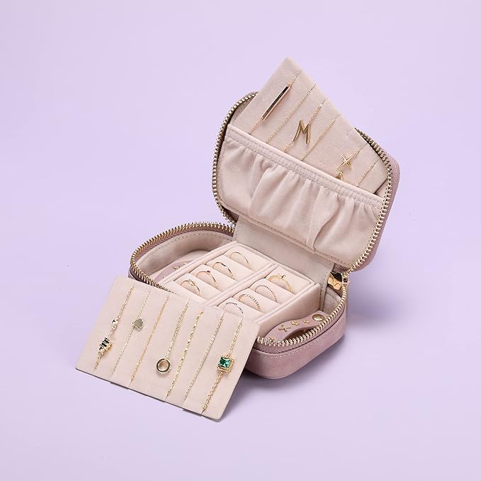 HISCOW Vegan Leather Travel Jewelry Case with Zipper - Portable Necklace & Earring Holder Organizer for Women Girls, Velvet-Lined Ring Box with Anti-Tarnish Design, Grayish Purple