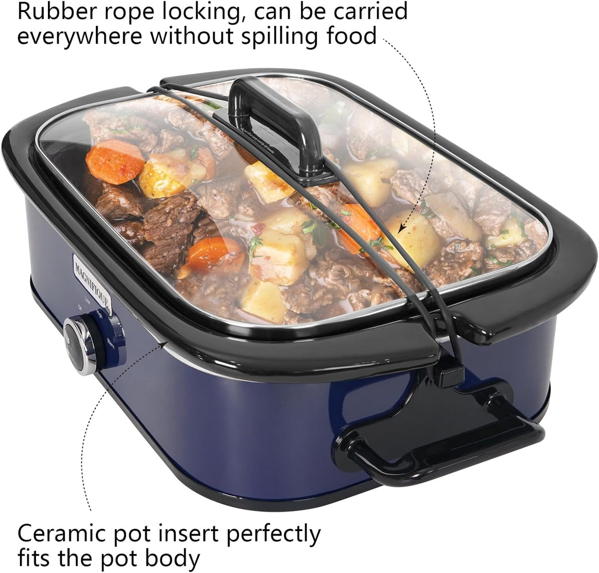 Magnifique 4-Quart Slow Cooker with Casserole Manual Warm Setting - Perfect Kitchen Small Appliance for Family Dinners, Dishwasher Safe Crock, Blue