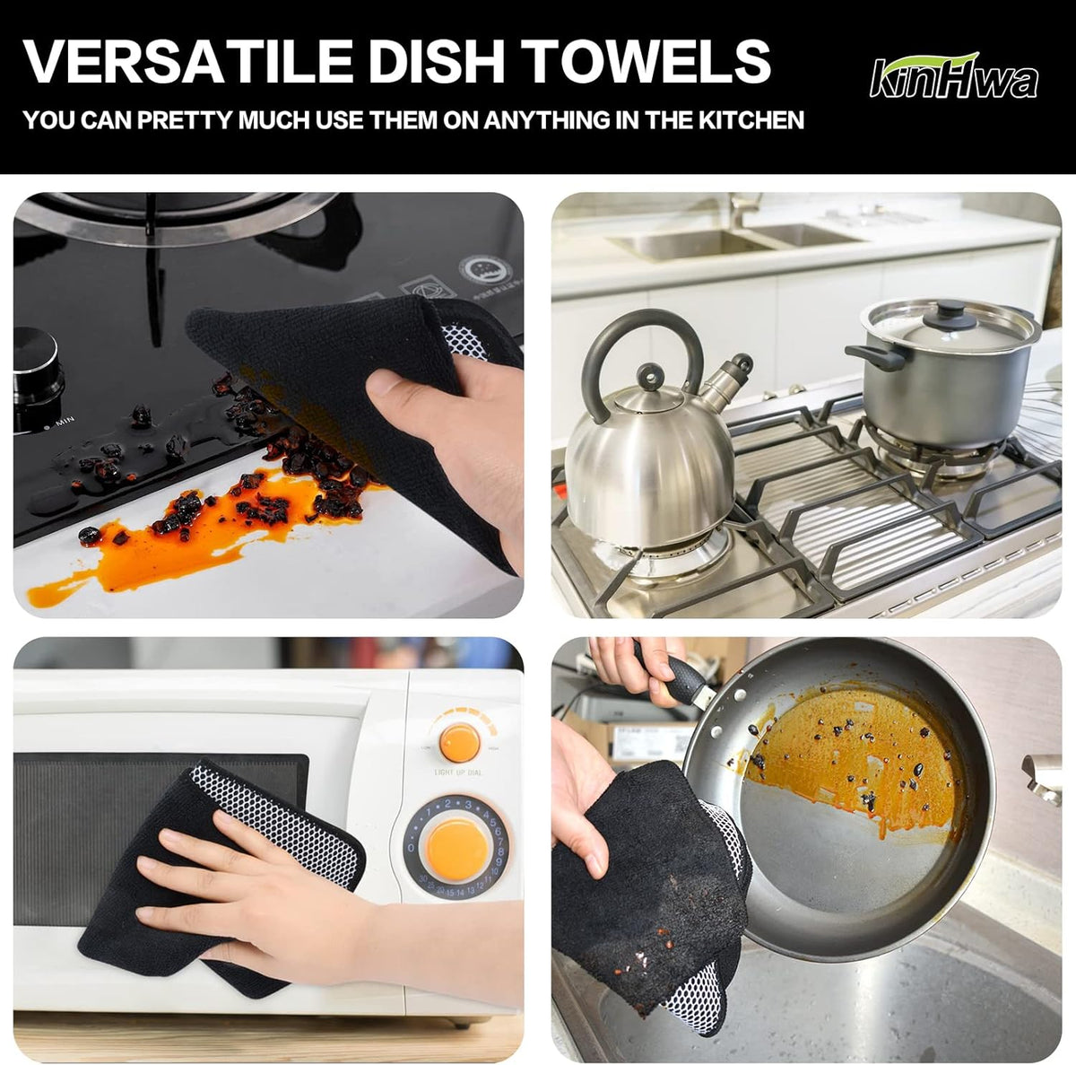 KinHwa Kitchen Washcloths for Dishes Absorbent Microfiber Dish Cloths Quick Dry Dish Rags with Poly Scour Scrub Side Ideal for Kitchen Cleaning (Black, 12inchx12inch 18 Pack)