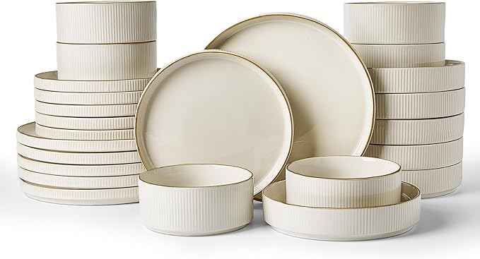 Famiware Star Dinnerware Set with Pasta Bowls, Service for 6 (24 Pieces), Ribbed Stoneware Plates and Double Bowls Sets with Trim - Chip & Scratch Resistant, Microwave & Dishwasher Safe Dishes, White