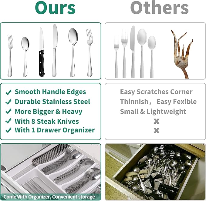 49PCS Silverware Set with Organizer, Stainless Steel Flatware Drawer Cutlery Set for 8, Kitchen Utensils with Steak Knives Mirror Polished Dinner Knife Forks Spoons Tableware Service Tray