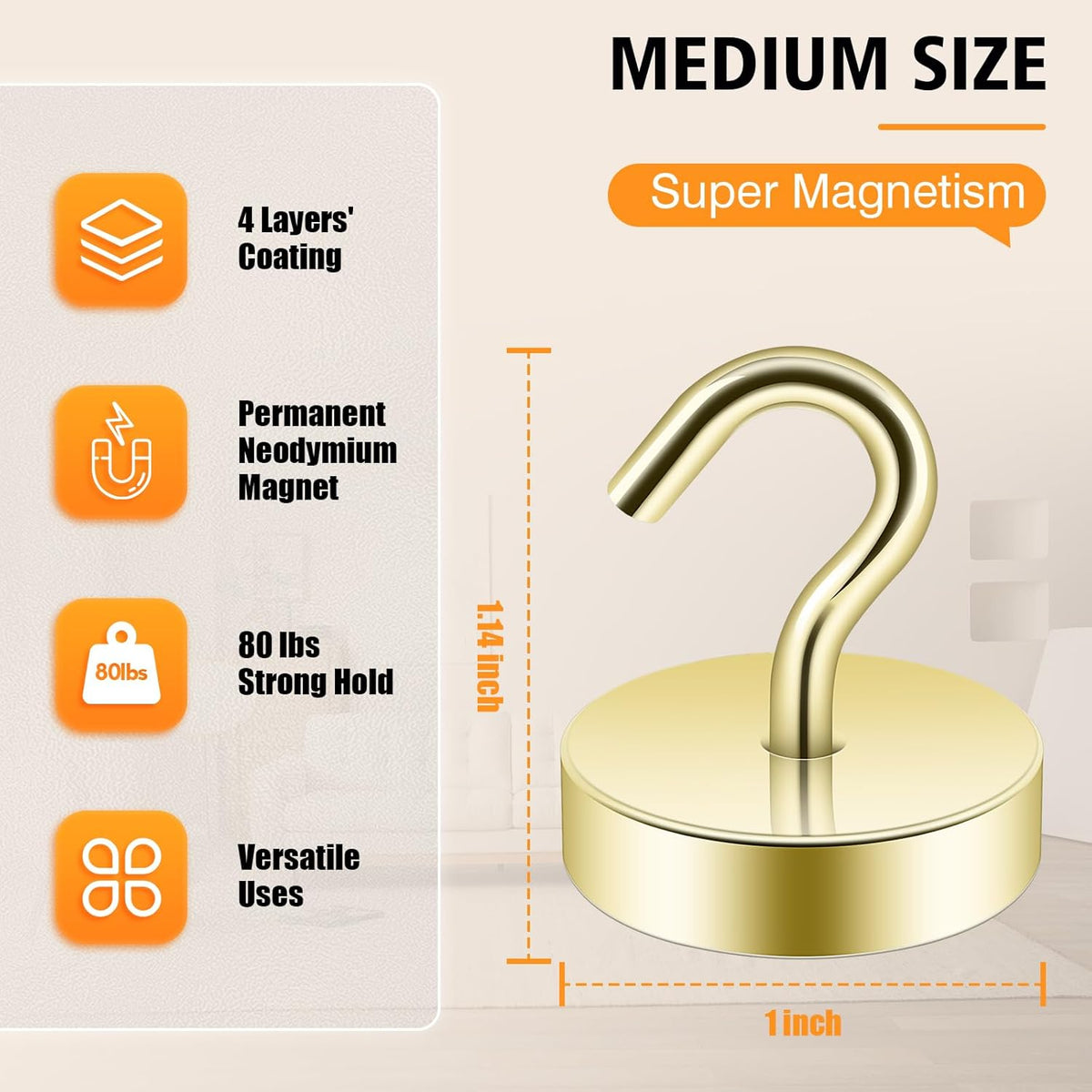 Neosmuk Magnetic Hooks, Cruise Ship Essentials, 80lb+ Heavy Duty Magnetic Hooks for Cruise Cabins, Refrigerator, Grill, Hanging, and Travel | Extra Strong Must-Haves Magnet Hook,Gold