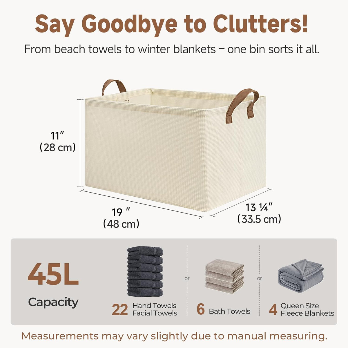 StorageWorks Storage Bins, Shelves Baskets for Organizing, 45L Extra Large Fabric Closet Organizers with Handles, Metal Frame, Beige（Texture）, 2-Pack